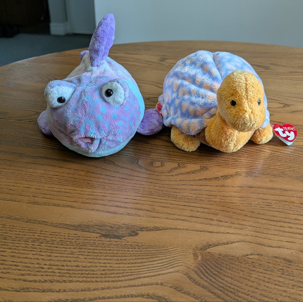 Ty Plush Set - Multicolor Puffer Fish  and a Turtle. Cruiser And Googly. GUC.